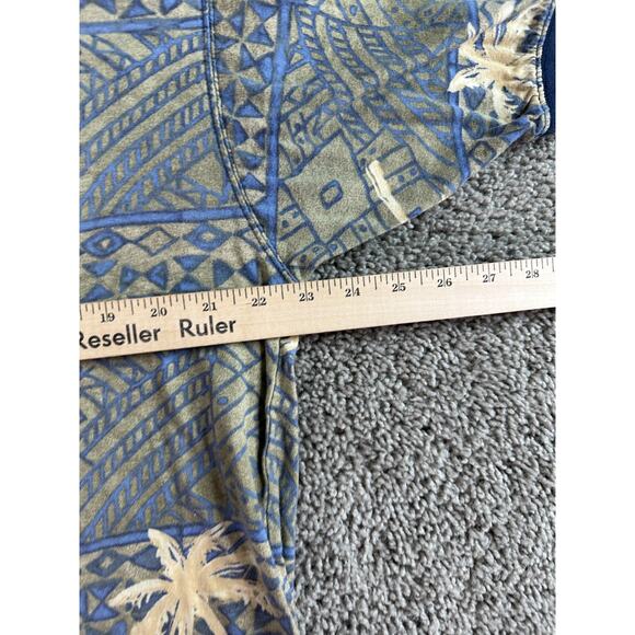 VINTAGE Hibiscus Hawaiian Shirt Mens Large Green Blue Floral Aztec Polo FLAW - Picture 11 of 12